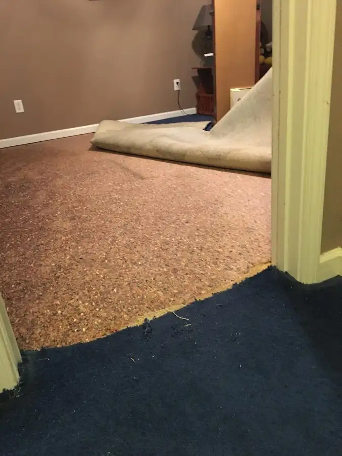 Carpet pad removal revealing water damage during Water Mitigation Services in Withamsville